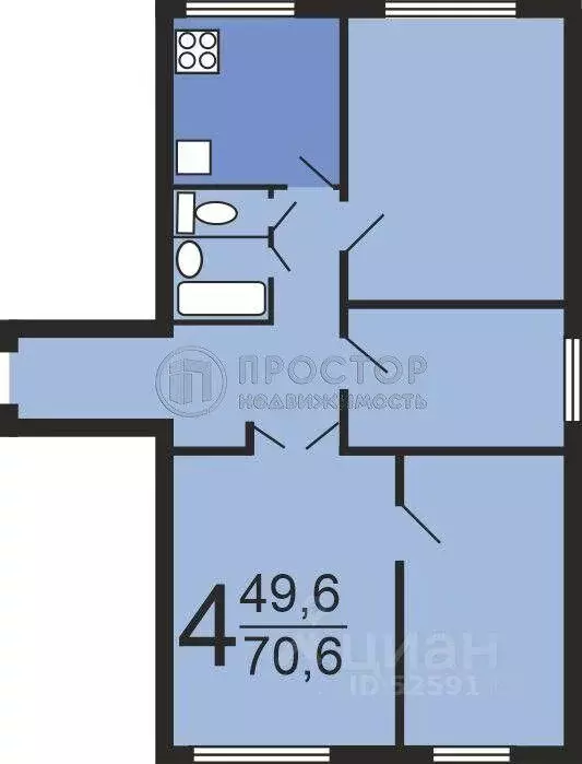Квартира, 4 комнаты, 71 м - Фото 1