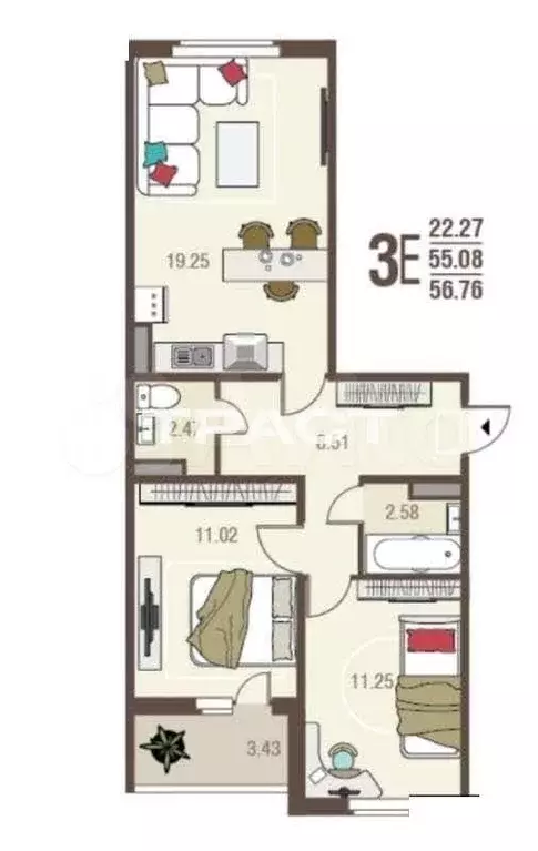 2-к. квартира, 54 м, 6/9 эт. - Фото 0
