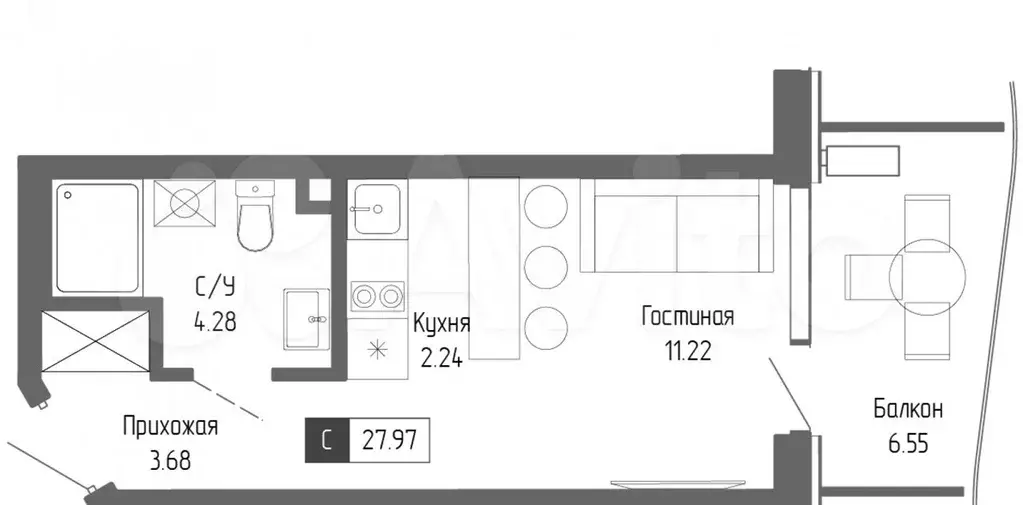 Апартаменты-студия, 28 м, 3/21 эт. - Фото 0