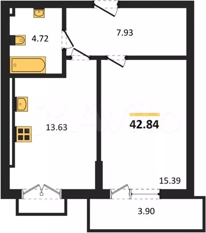 1-к. квартира, 42,8 м, 7/7 эт. - Фото 0