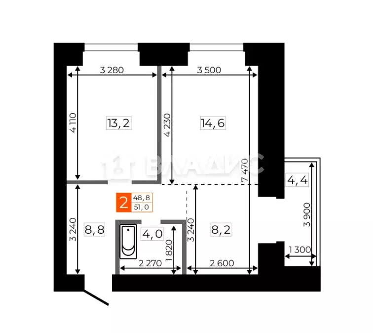 2-комнатная квартира: Благовещенск, Литейная улица, 41 (50.8 м) - Фото 0