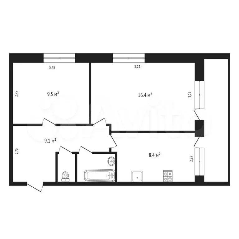 2-к. квартира, 47 м, 2/2 эт. - Фото 0