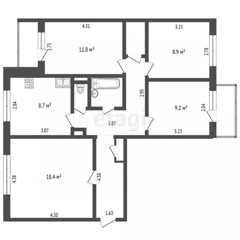 4-к кв. Кемеровская область, Новокузнецк ул. Косыгина, 65 (79.3 м) - Фото 2