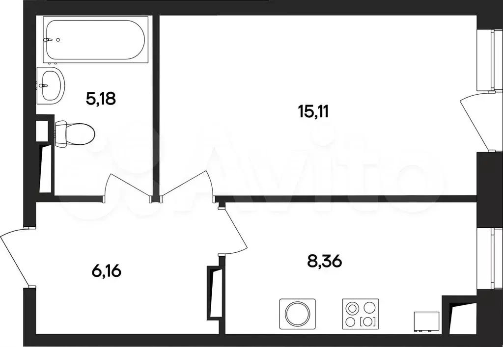 1-к. квартира, 34,8 м, 4/4 эт. - Фото 0