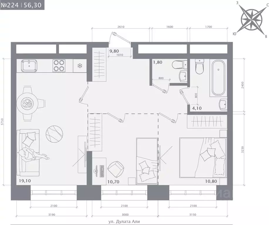 2-к кв. Татарстан, Казань Портовая ул., 37Е (56.3 м) - Фото 1