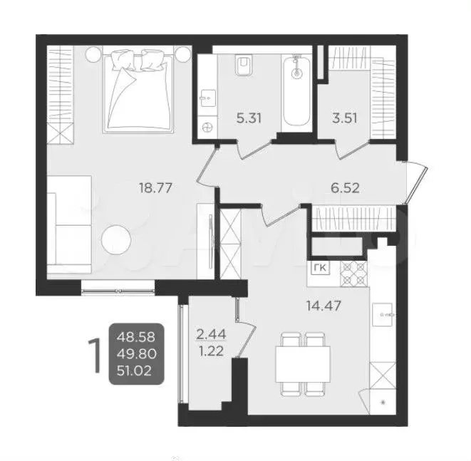 1-к. квартира, 51 м, 9/9 эт. - Фото 1