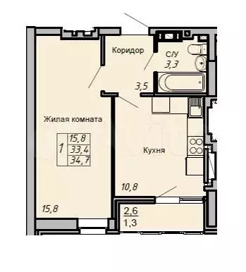 1-к. квартира, 34,7 м, 15/17 эт. - Фото 0