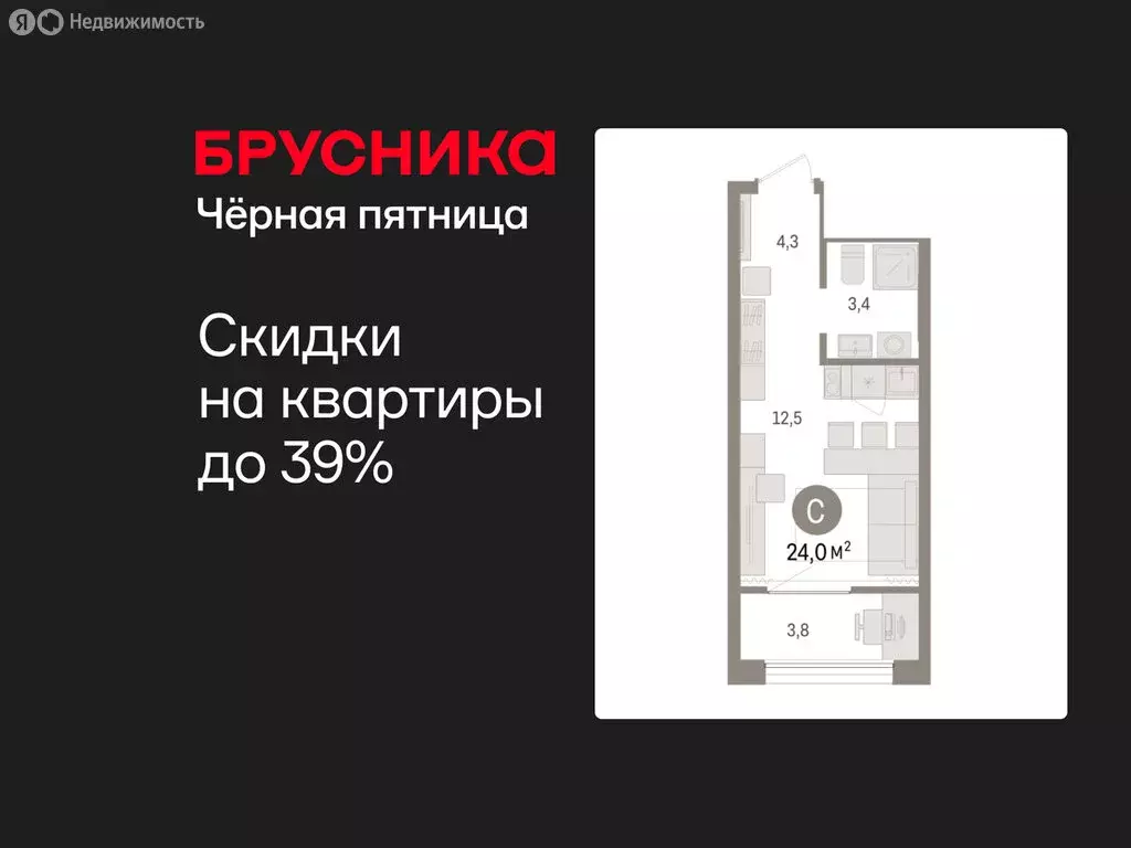 Квартира-студия: Тюмень, Краснооктябрьская улица, 4к3 (23.97 м) - Фото 1