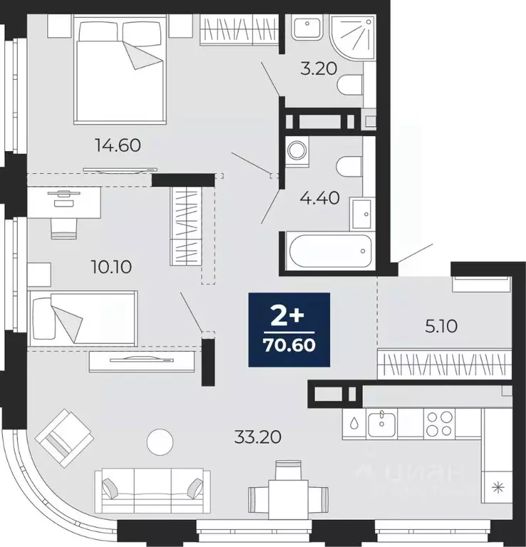 2-к кв. Тюменская область, Тюмень ул. Пожарных и Спасателей, 2 (70.6 ... - Фото 1