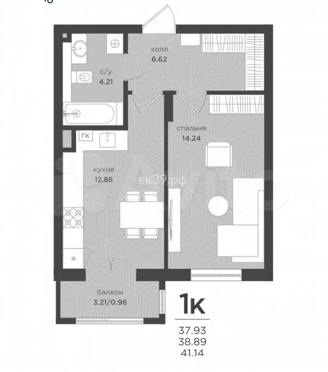 1-к. квартира, 38,9 м, 1/4 эт. - Фото 1