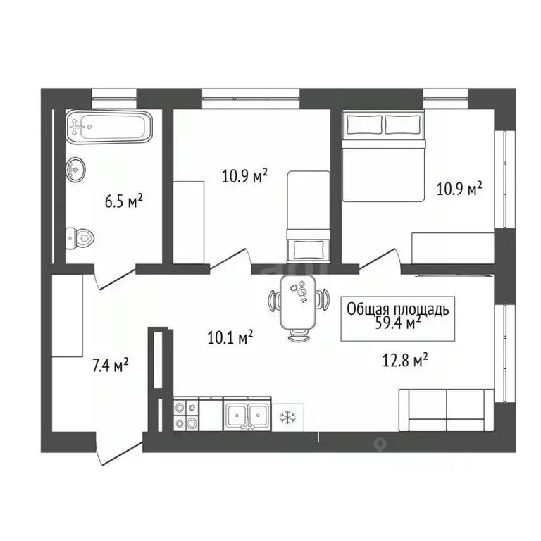 2-к кв. Новосибирская область, Новосибирск ул. Есенина, 12Б (59.4 м) - Фото 1