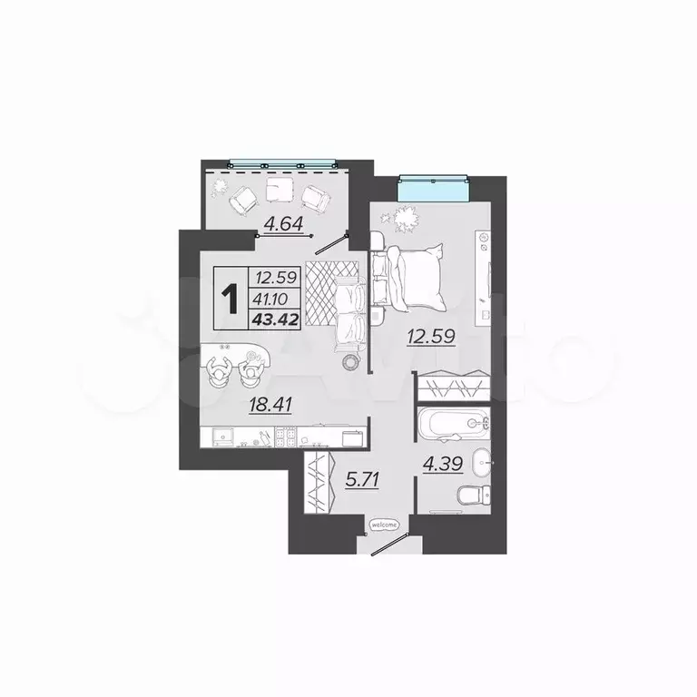 1-к. квартира, 43,4 м, 2/9 эт. - Фото 1