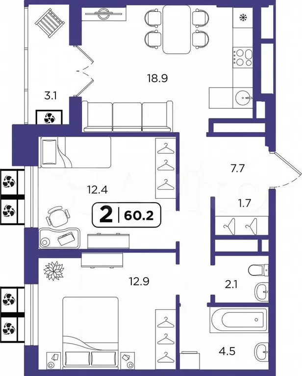 2-к. квартира, 60 м, 13/17 эт. - Фото 1