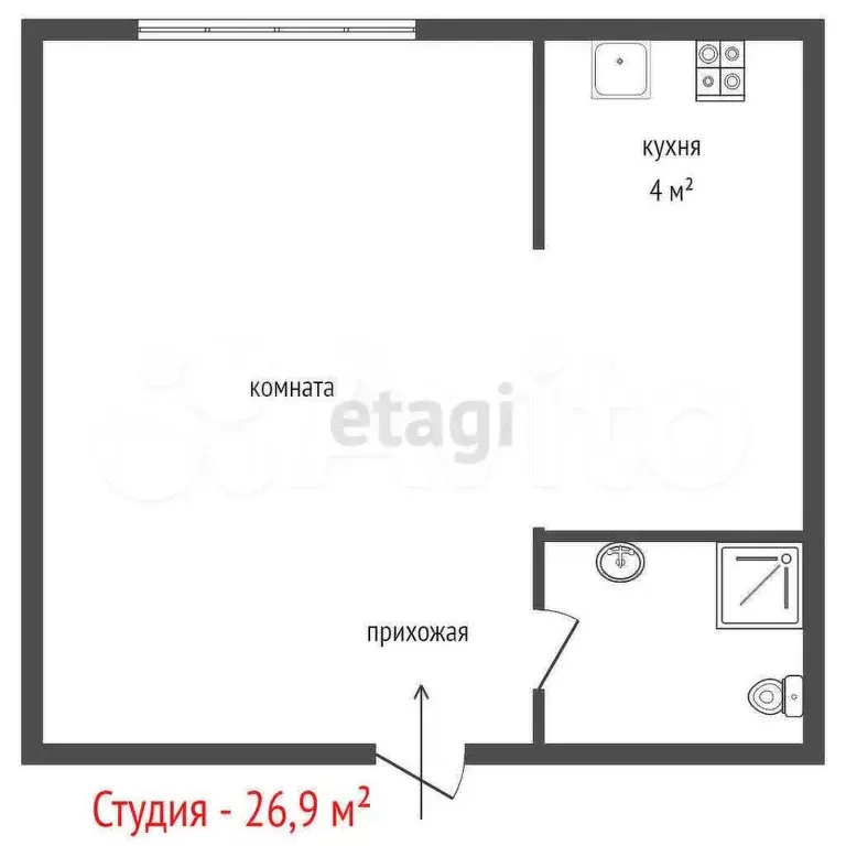 Квартира-студия, 26,9 м, 1/2 эт. - Фото 0