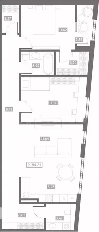 2-к. квартира, 84,6м, 2/6эт. - Фото 1