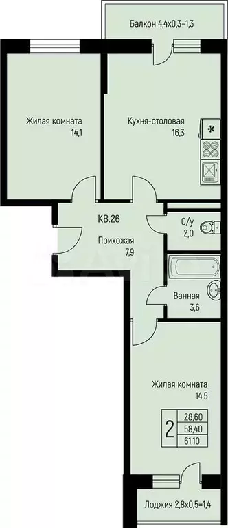 2-к. квартира, 61,1 м, 3/3 эт. - Фото 0