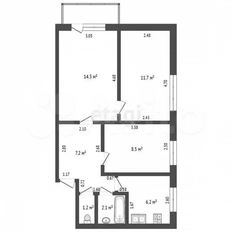 3-к. квартира, 52 м, 2/5 эт. - Фото 0