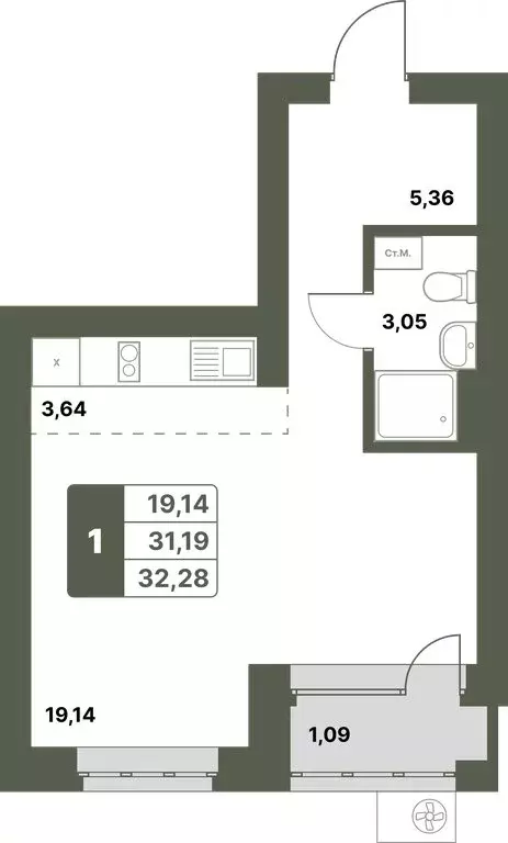 1-комнатная квартира: Уфимский район, село Миловка (32.28 м) - Фото 0