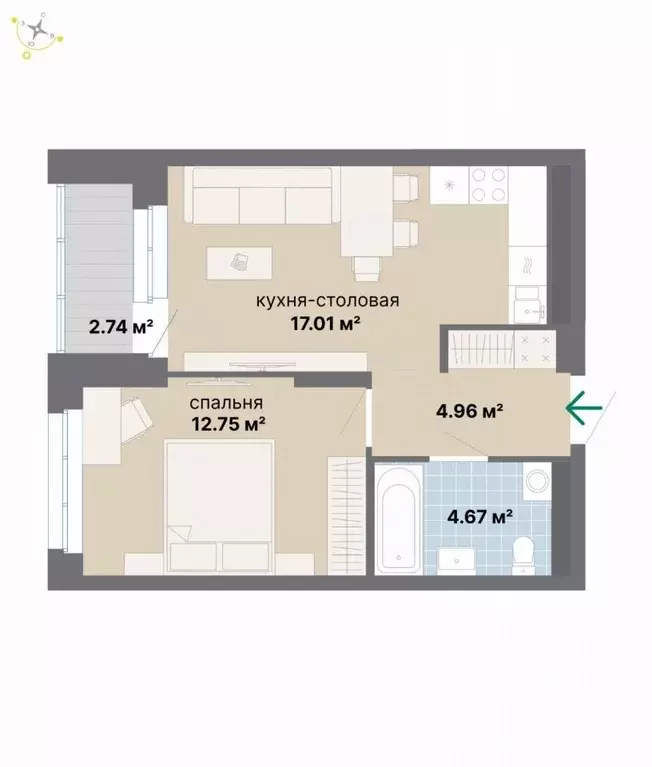 1-к кв. Свердловская область, Екатеринбург Эльмаш жилрайон,  (42.13 м) - Фото 1