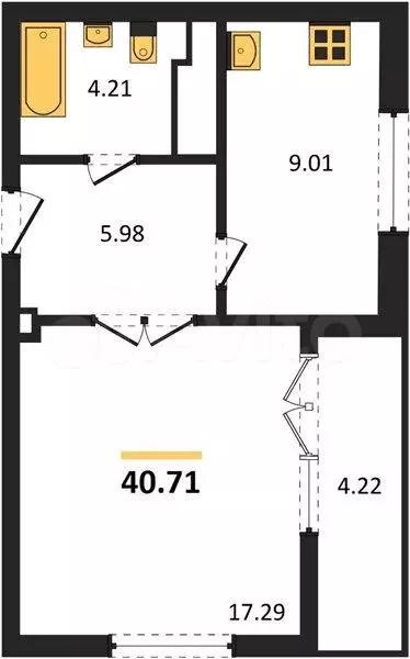 1-к. квартира, 40,7 м, 4/9 эт. - Фото 1