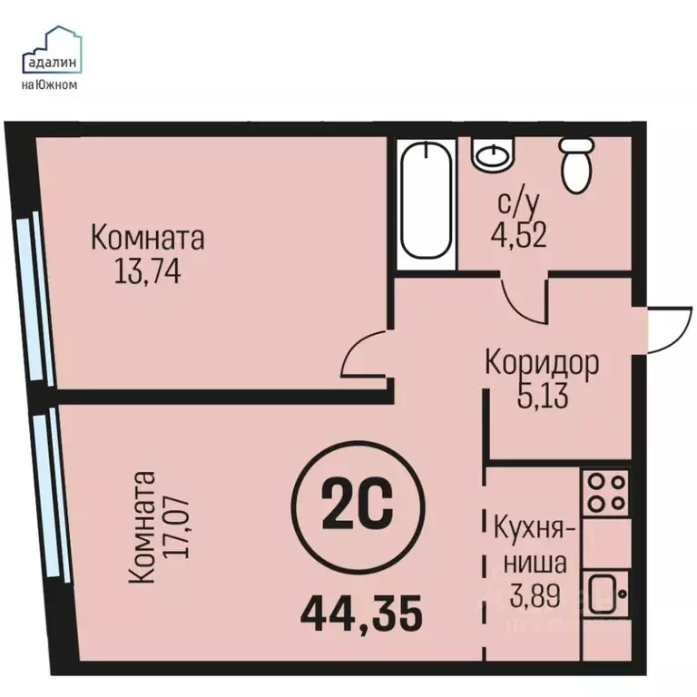 2-к кв. Алтайский край, Барнаул городской округ, Южный рп  (44.35 м) - Фото 0