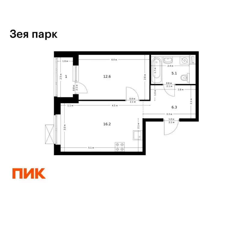 1-к кв. Амурская область, Благовещенск ул. 50 лет Октября, 263/2 (41.2 ... - Фото 1