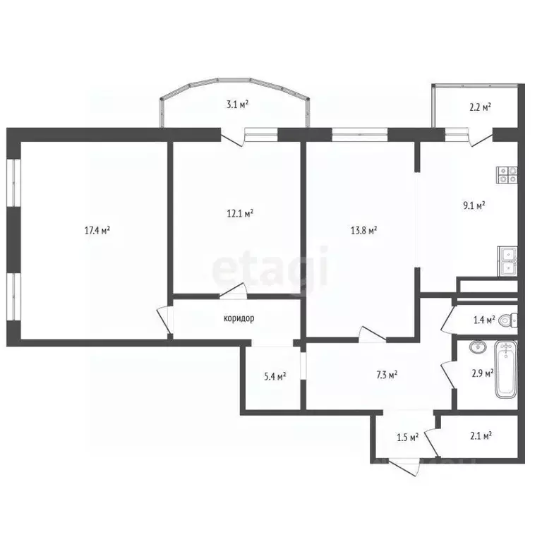 3-к кв. Тюменская область, Тюмень ул. Героев Космоса, 9 (73.1 м) - Фото 2
