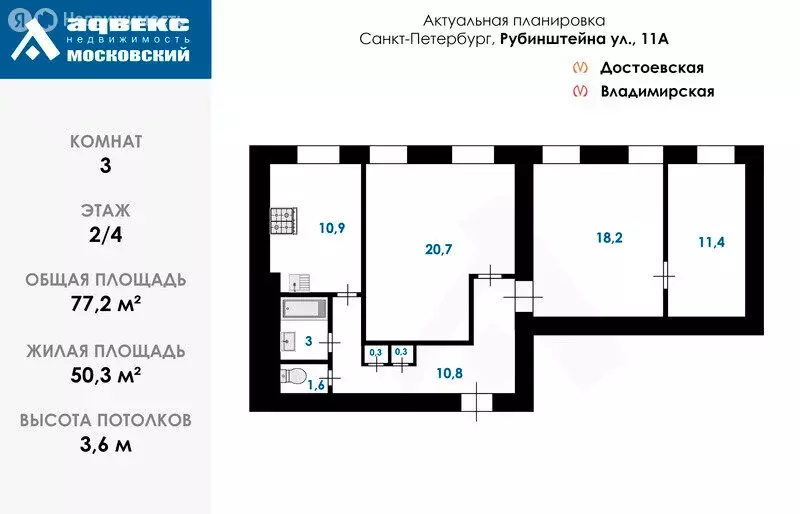 3-комнатная квартира: Санкт-Петербург, улица Рубинштейна, 11 (77.2 м) - Фото 1