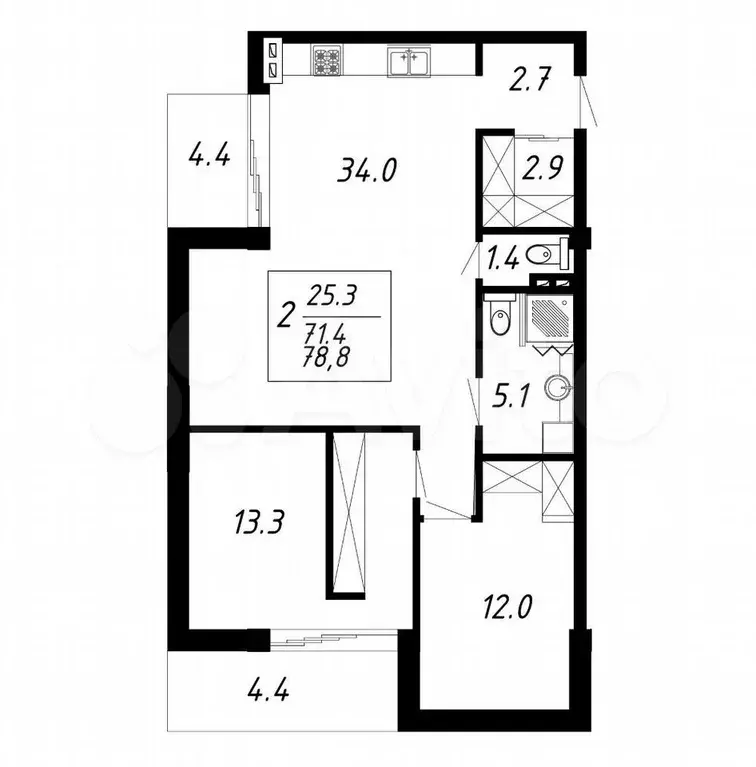 2-к. квартира, 78,8 м, 7/8 эт. - Фото 0