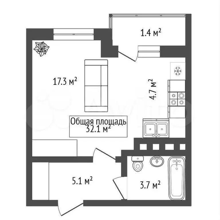 Квартира-студия, 32,1 м, 16/24 эт. - Фото 0