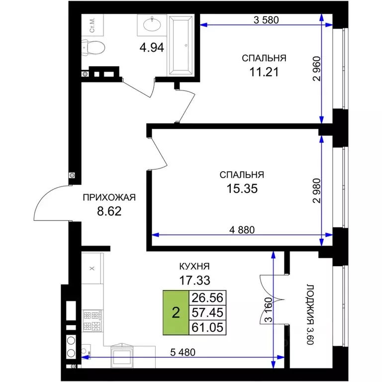 2-к кв. Калининградская область, Гурьевск Включи жилой комплекс (61.05 ... - Фото 1