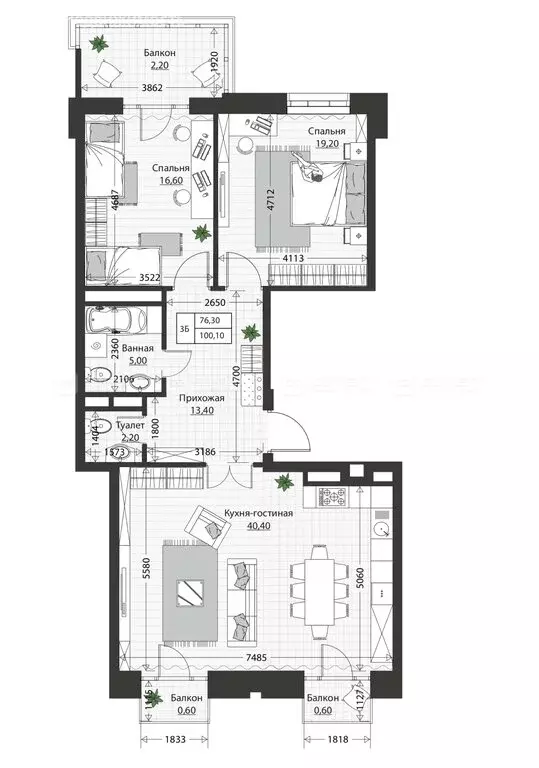 3-комнатная квартира: Казань, Московская улица, 30 (101.4 м) - Фото 1