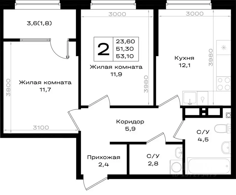2-к кв. Ростовская область, Аксай 7-я линия (53.1 м) - Фото 1