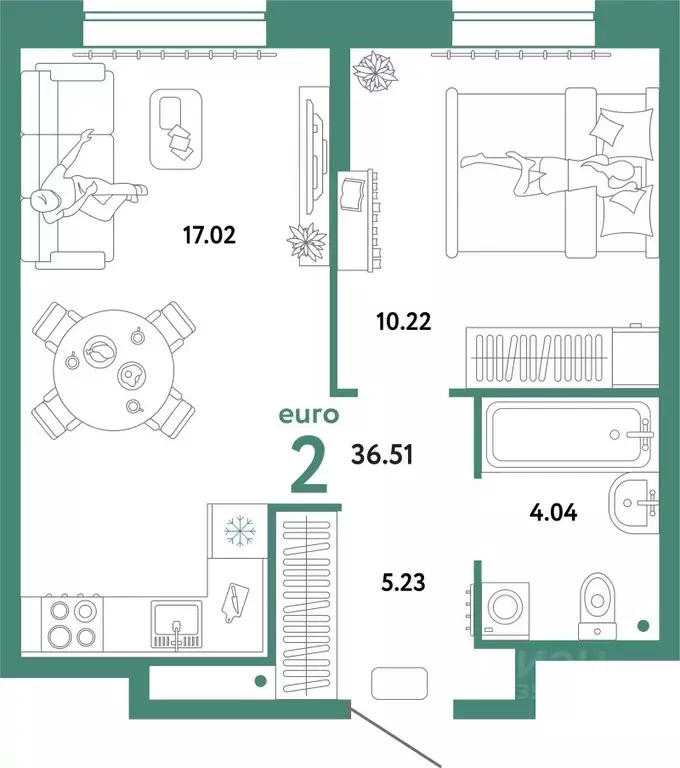 2-к кв. Тюменская область, Тюмень Интернациональная ул., 199к10 (36.51 ... - Фото 1