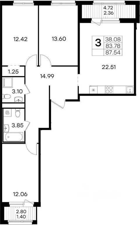 Квартира, 3 комнаты, 87.54 м - Фото 1