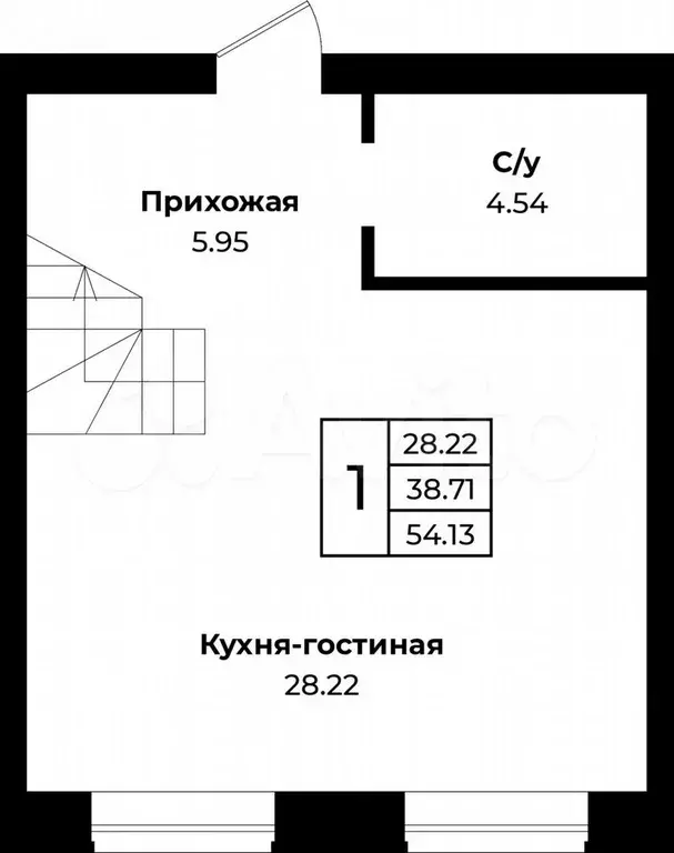 1-к. квартира, 54,1 м, 1/4 эт. - Фото 1