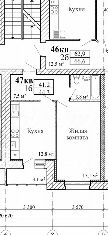 1-к. квартира, 42,9 м, 4/7 эт. - Фото 0