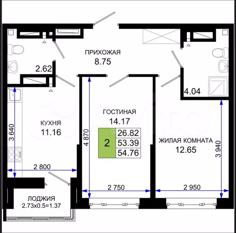 2-к. квартира, 54,8 м, 18/25 эт. - Фото 1