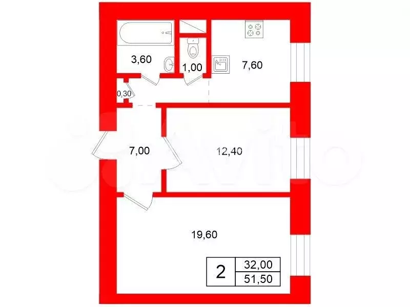 2-к. квартира, 51,5 м, 2/5 эт. - Фото 0