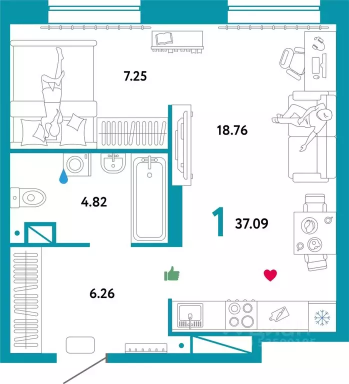 1-к кв. Тюменская область, Тюмень Интернациональная ул., 199к9 (37.09 ... - Фото 1