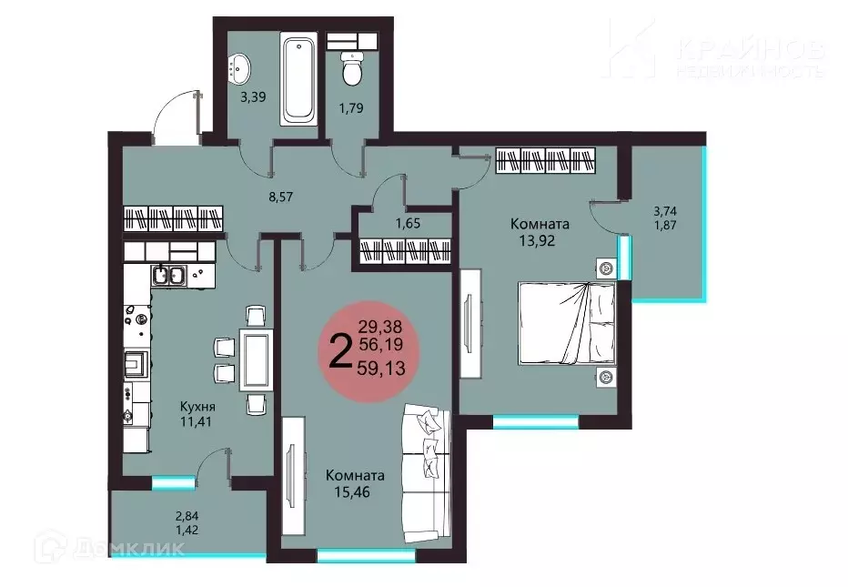 Продаётся 2-к квартира, 59.13 м - Фото 1