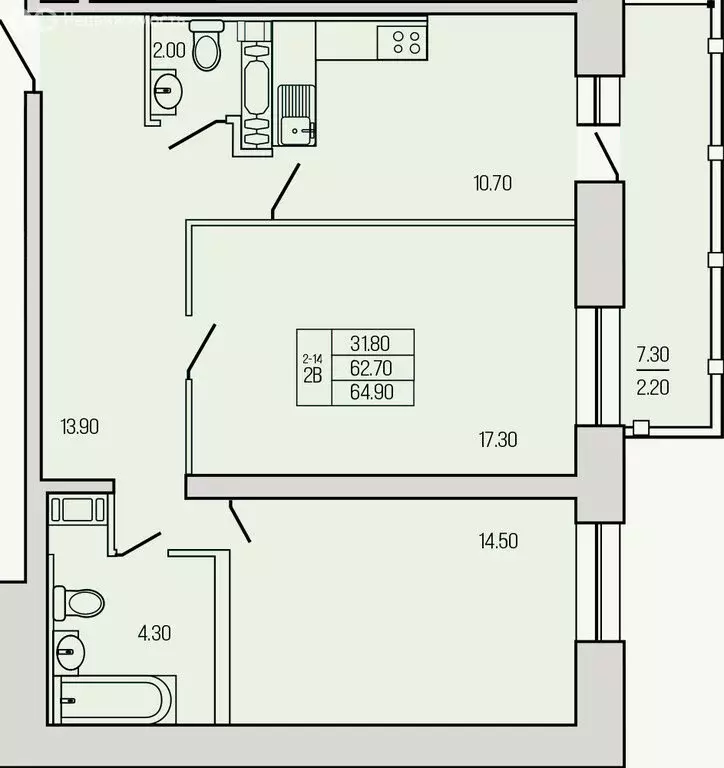 2-комнатная квартира: Кузьмоловский, Железнодорожная улица, 5А (64.9 ... - Фото 0