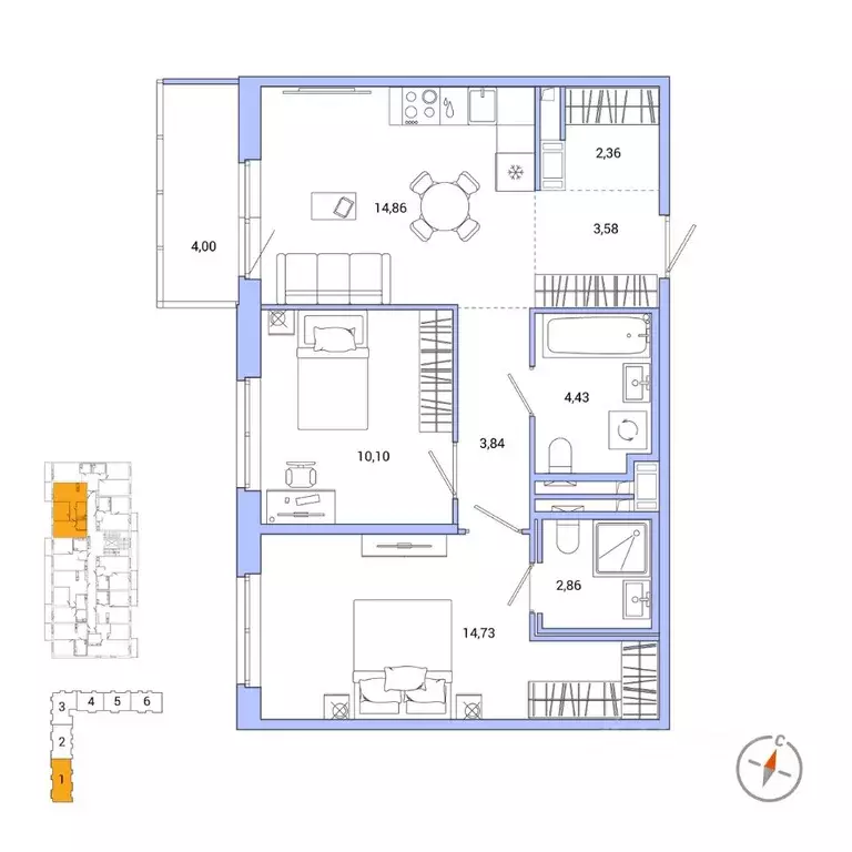 2-к кв. Санкт-Петербург Окла жилой комплекс (57.96 м) - Фото 0