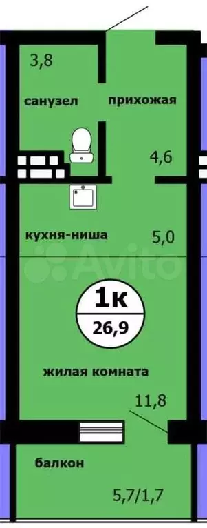 Квартира-студия, 26,9 м, 4/9 эт. - Фото 0