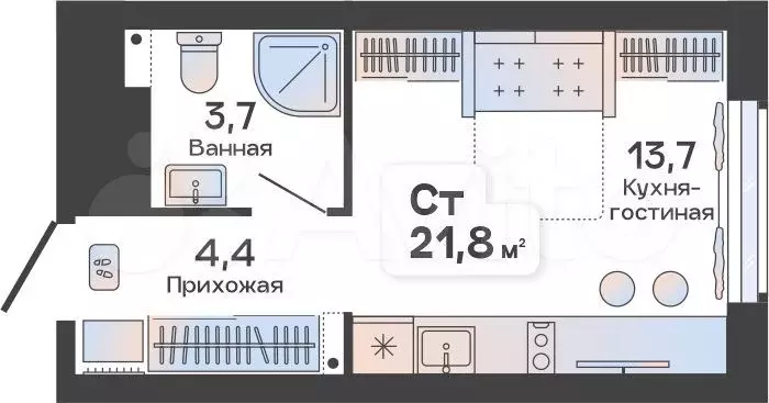 Квартира-студия, 21,8 м, 4/23 эт. - Фото 0