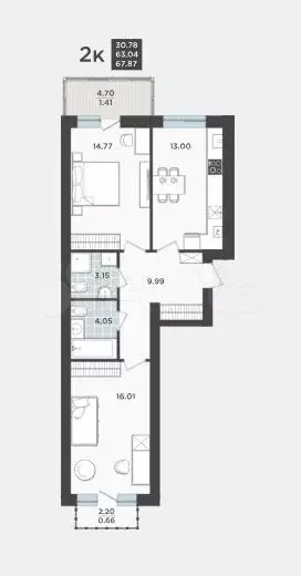 2-к. квартира, 63 м, 9/9 эт. - Фото 1