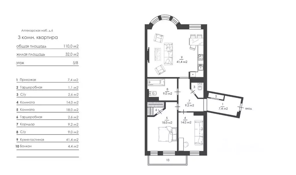 3-к кв. Санкт-Петербург Аптекарская наб., 6 (110.0 м) - Фото 2