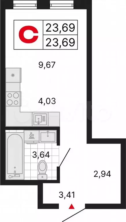 Квартира-студия, 23,7 м, 12/25 эт. - Фото 1