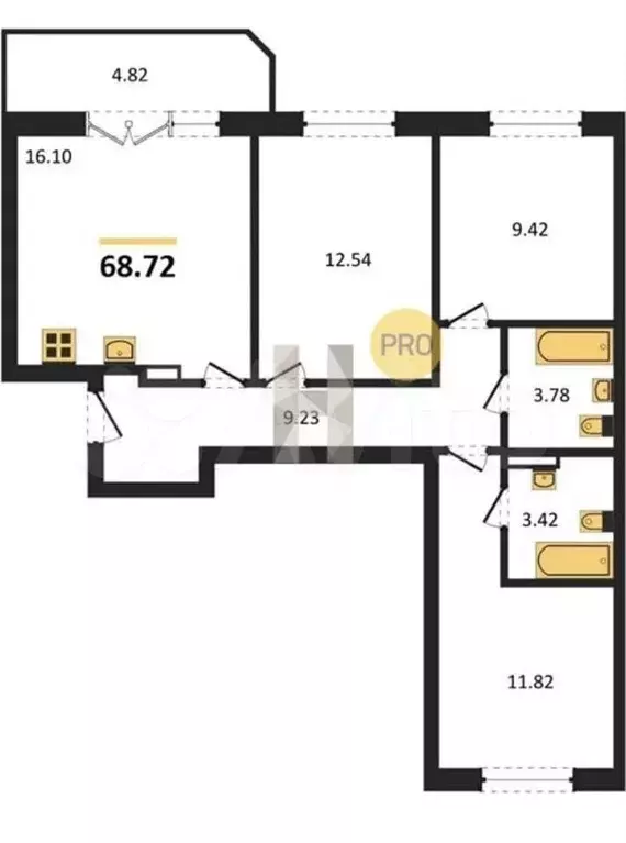 3-к. квартира, 69 м, 6/9 эт. - Фото 0