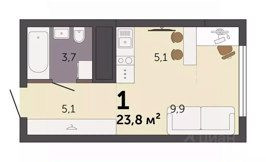 Студия Свердловская область, Екатеринбург Южный жилрайон,  (23.8 м) - Фото 1